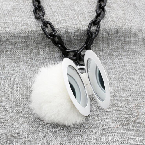 Rabbit Fur Ball POM POM Mirror Keychain Long Chain Necklace